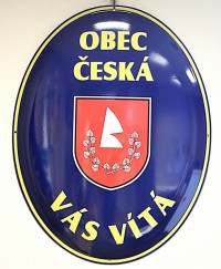 Emailliertes Begrüßungsoval mit dem Wappen der Gemeinde/ Stadt/ des Marktfleckens und dem Begrüßungstext