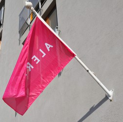 Wandmast aus Glaslaminat mit Außenseilführung und Metallfuß